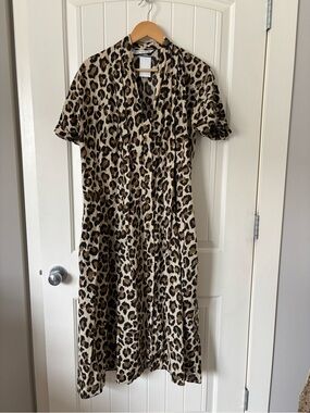 Zara Leopard Animal Print Midi Dress 100% Cotton Tie Sleeve Detail Size XXL